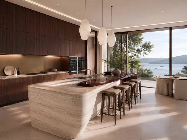 Deniz manzaralı, taş adalı modern mutfak uygulaması
