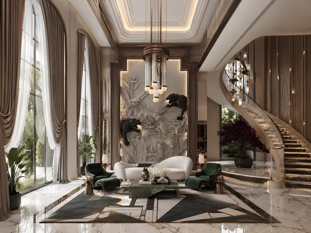 Mermer şömineli, aydınlık klasik salon