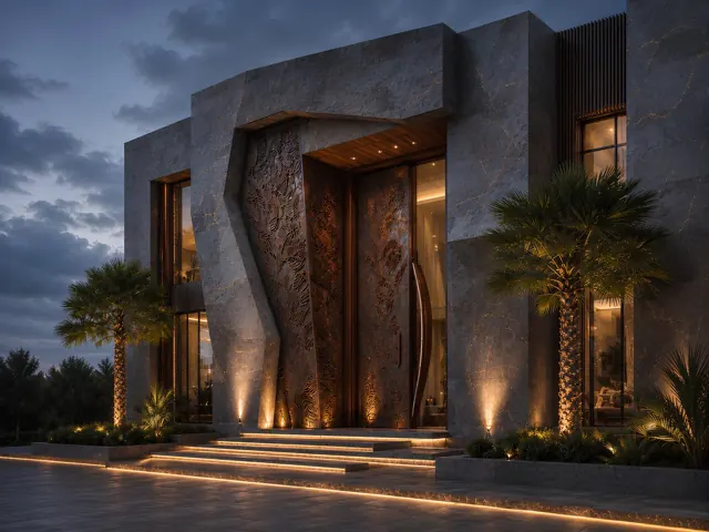 Gece aydınlatmalı modern villa cephesi
