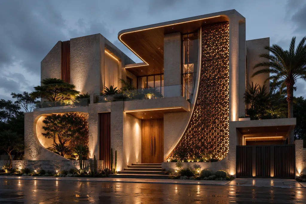 Kavisli taş cepheli, gece aydınlatmalı modern villa